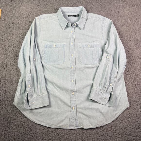 Lauren Ralph Lauren Chambray Denim Shirt Womens 2X Blue Roll Tab Sleeve Pockets - Picture 2 of 10